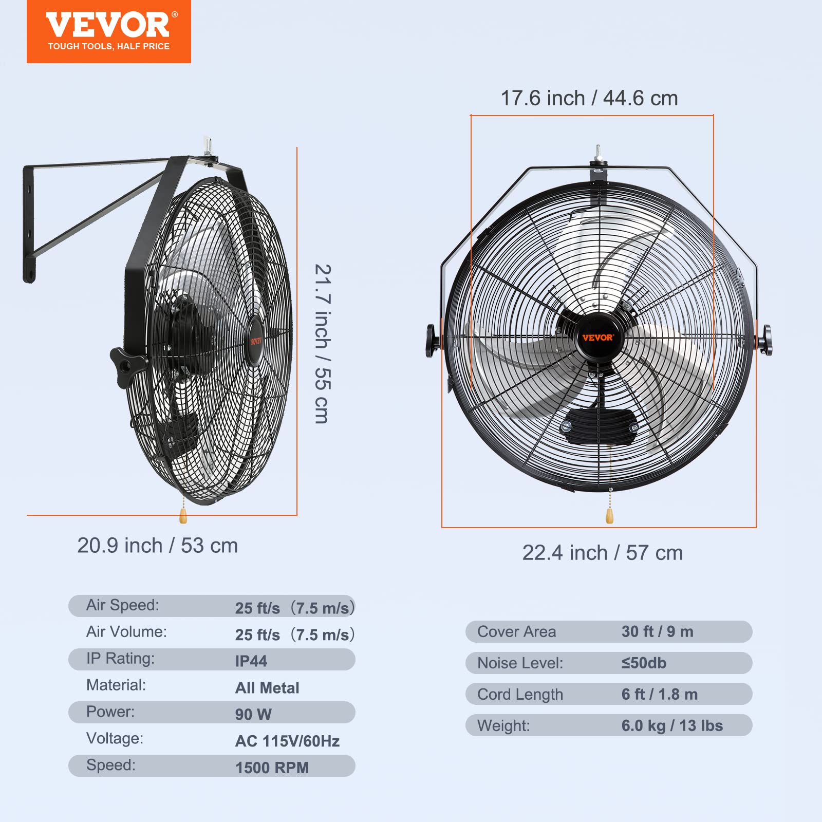 VEVOR Ventilador de montaje en pared de 18 pulgadas, 3 velocidades IP44 a prueba de agua, máx. Ventilador de pared de 4150 CFM para exteriores, comerciales, residenciales, invernaderos, talleres, patios, negro, con certificación ETL