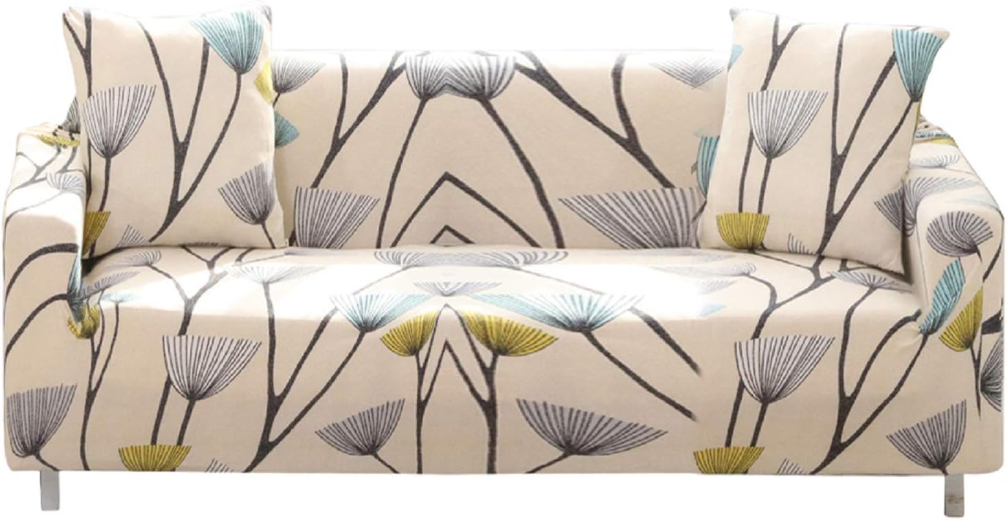 Donzake Printed Sofa Cover 4 Seat Stretch Couch Cover Sofa Slipcovers for 4 Cushion Couch with 2 Free Pillow Cover(Dandelion)