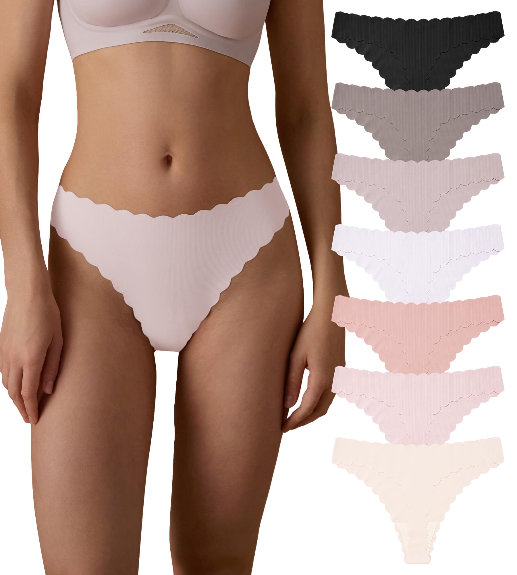 Photo 1 of SHARICCA Womens Seamless Thongs No Show Underwear Soft Ribbed Invisible Panties Wave Edge Multi Pack,7P03,S