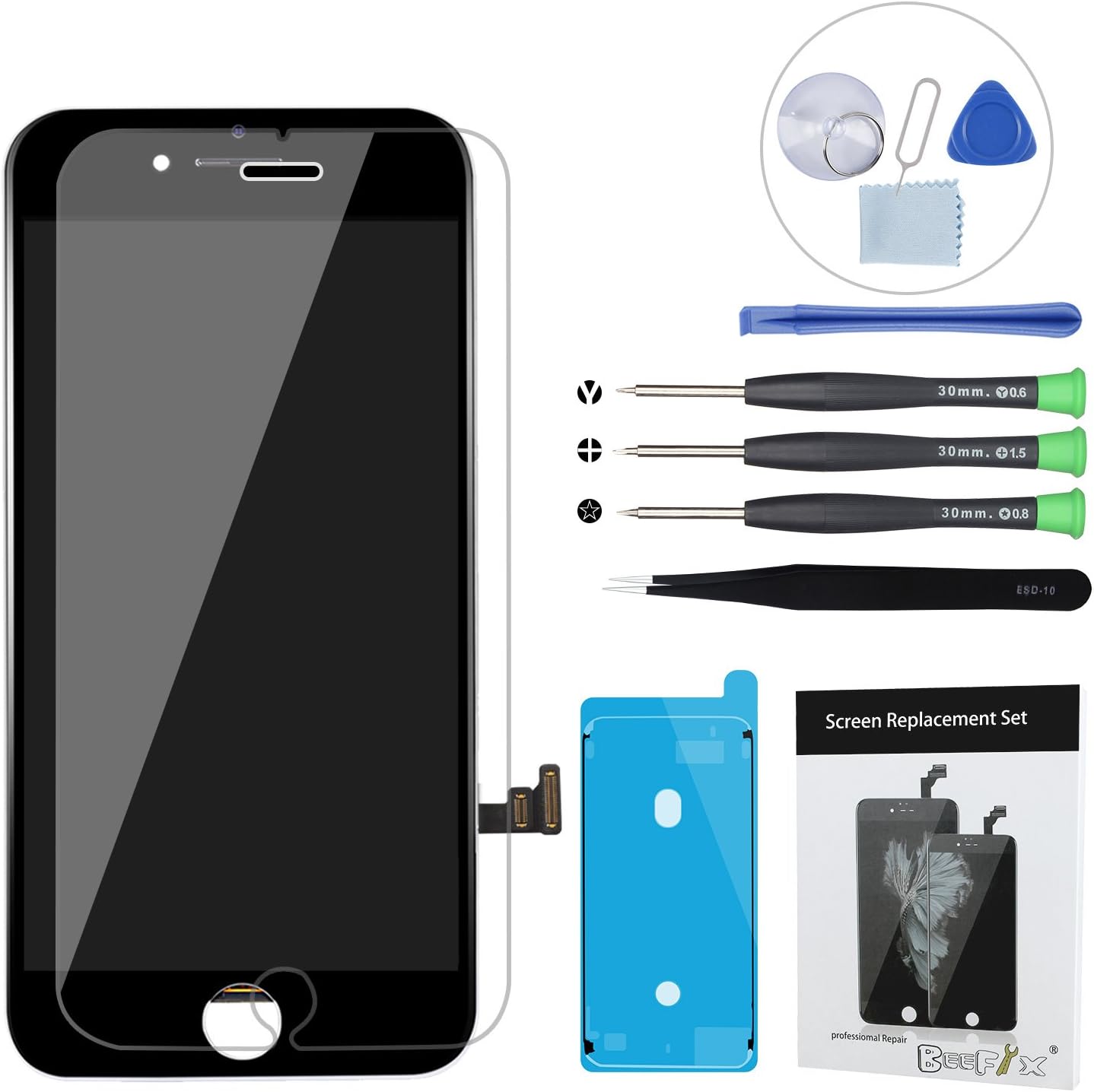 Screen Replacement For iPhone 7 4.7" Black - BeeFix Lcd 3D Touch Screen Display Digitizer Assembly with Repair Tools and Tempered Glass Screen Protector