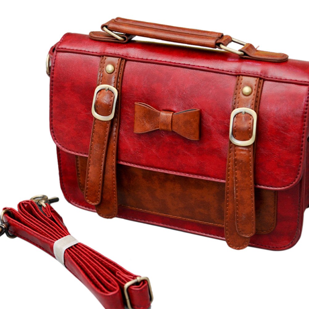 Women\'s Vintage Flap-Over PU Leather Messenger Bag Shoulder Satchel Handbags (One Size, Burgundy)