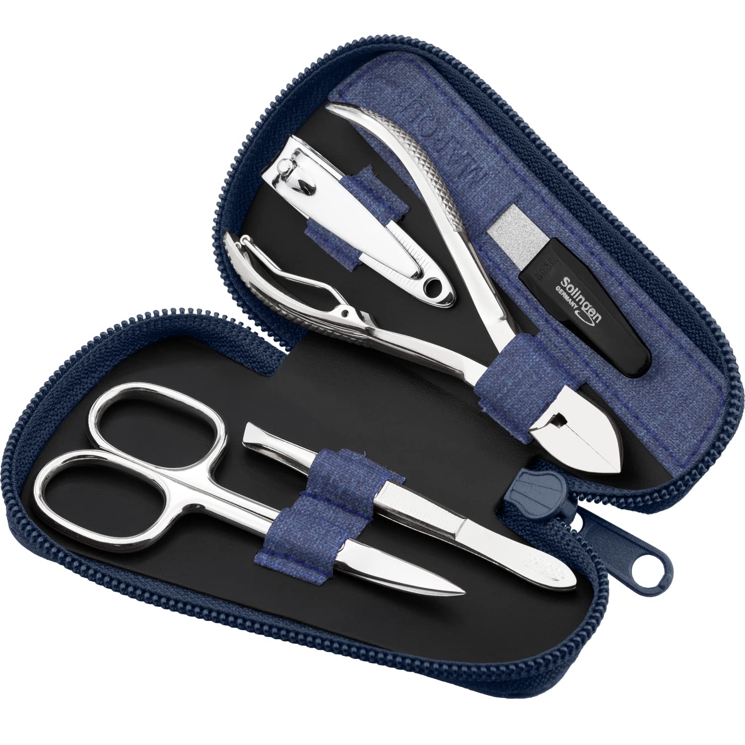 Marqus Manicure Set for Women and Men - 5-Piece Grooming Kit with Nail Nippers and Clippers - Fashion Leather Case - Perfect for Travelling or as a Gift, Jeans