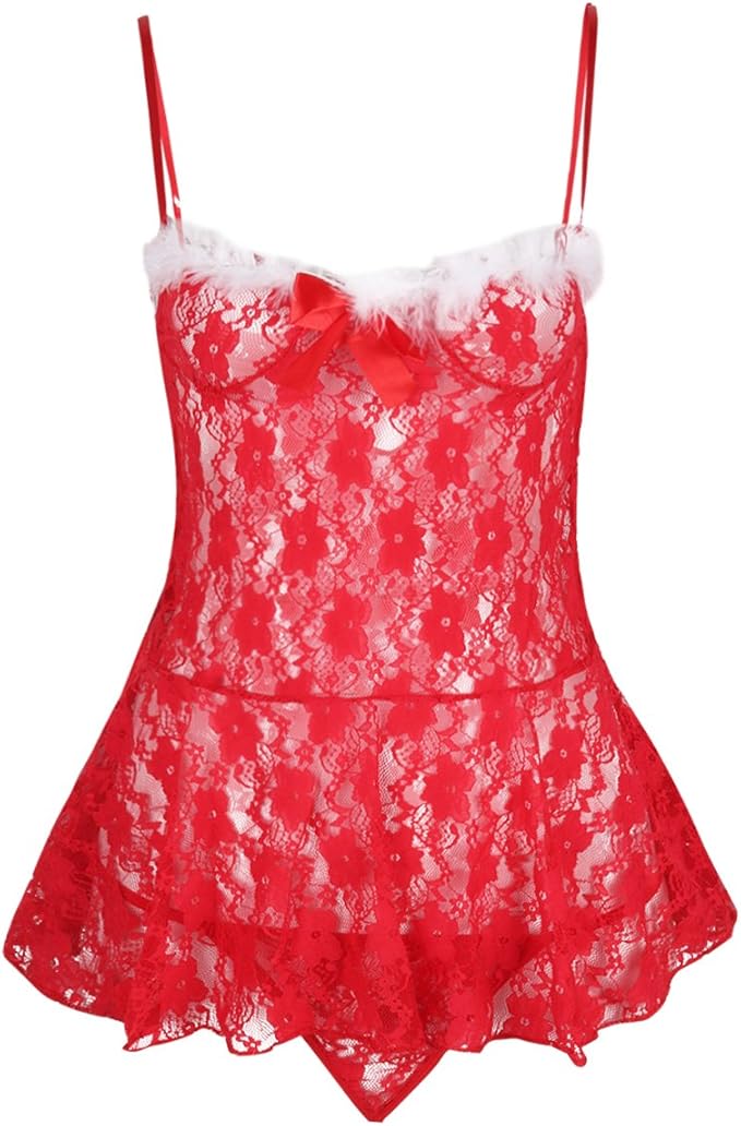 iEFiEL 2Pcs Women's Sexy Santa Christmas Lingerie Set Babydoll Lace