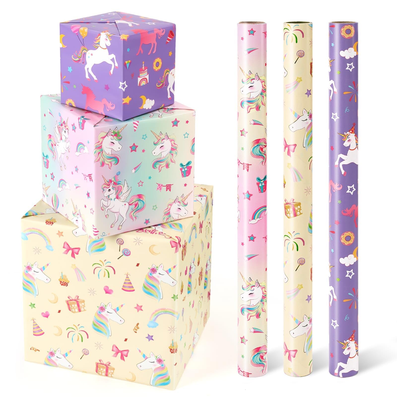 Photo 1 of WERNNSAI Unicorn Wrapping Paper Rolls - 3 Rolls 17” x 120” Unicorn Birthday Wrapping Paper Rolls Pink Unicorn Rainbow Gift Wrap Paper Girls Purple Wrapping Paper Rolls Kids Bday Gift Wrap with Cutting Line
