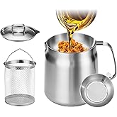 119oz 304 Stainless Steel Deep Fryer Pot with Basket &amp; Strainer, Large Capacity Bacon Grease Container for Kitchen,Frying, Cooking, Camping,Oil Filter Container - Dishwasher Safe (119oz/3.5L/3.7Qt)