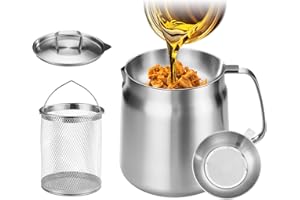 GADO 119oz 304 Stainless Steel Deep Fryer Pot with Basket & Strainer, Large Capacity Bacon Grease Container for Kitchen,Frying, Cooking, Camping,Oil Filter Container - Dishwasher Safe (119oz/3.5L/3.7Qt)