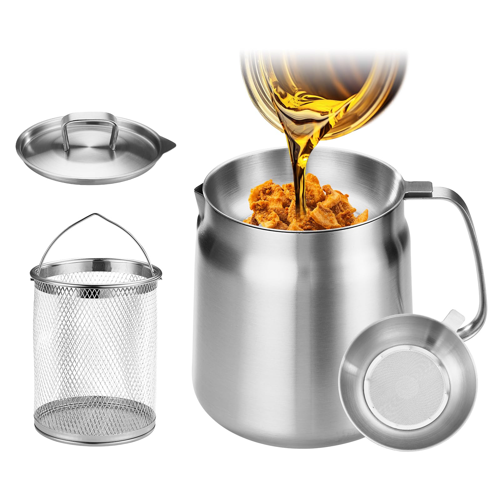 Photo 1 of 119oz 304 Stainless Steel Deep Fryer Pot with Basket & Strainer, Large Capacity Bacon Grease Container for Kitchen,Frying, Cooking, Camping,Oil Filter Container - Dishwasher Safe (119oz/3.5L/3.7Qt)