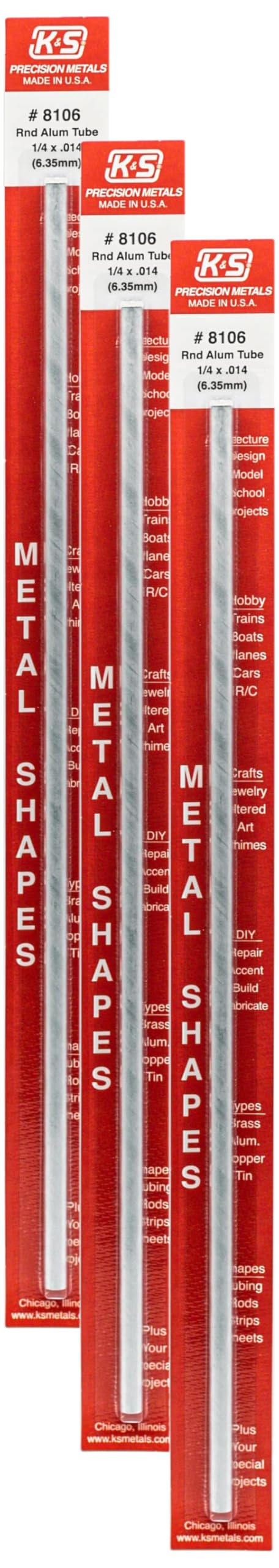 K & S Precision Metals 8106 Round Aluminum Tube, 1/4″ OD x 0.014″ Wall x 12″ Long, 1 Piece, Made in The USA (Pack of 3)