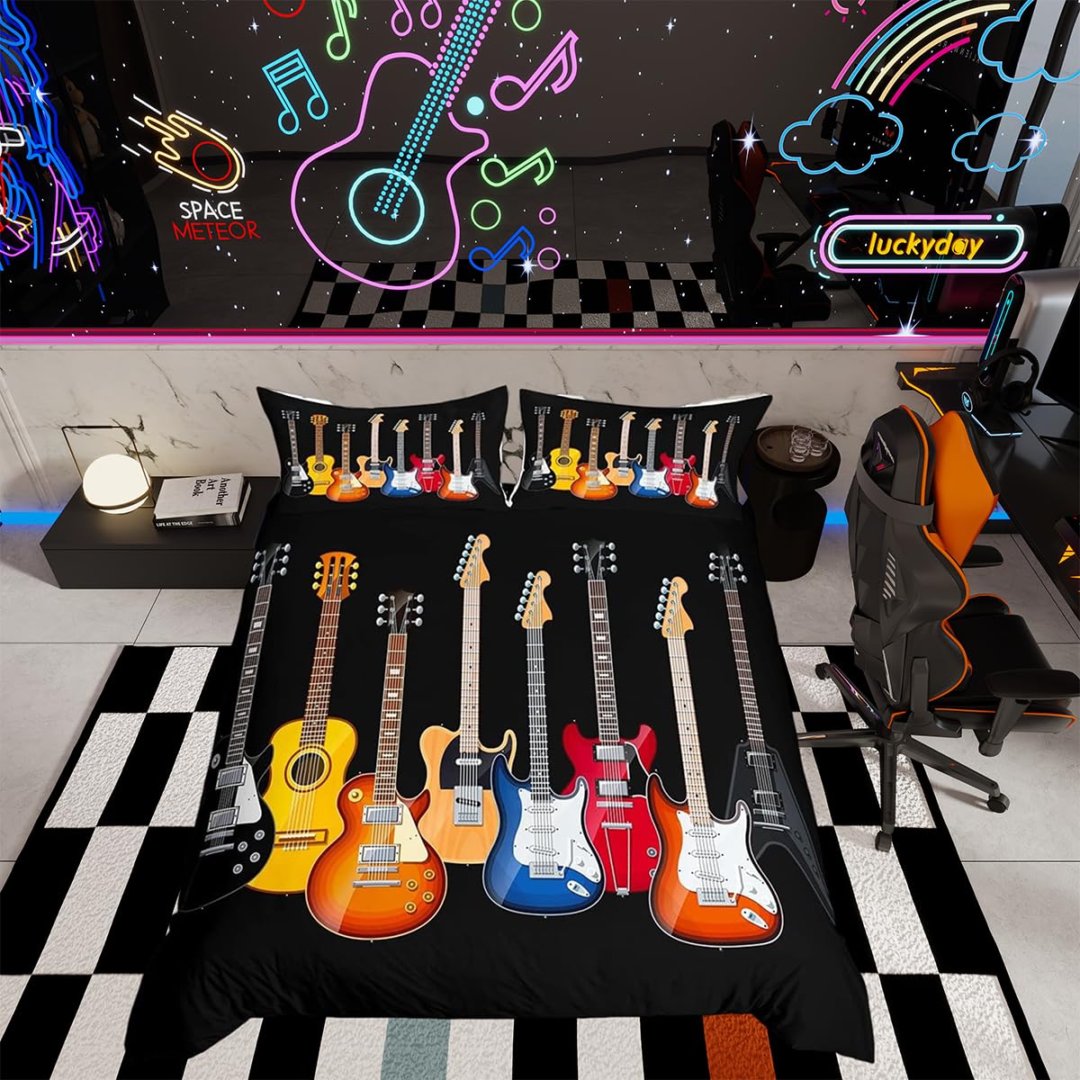 Guitar Printed Bedding Set Teens Rock Music Themed Duvet Cover For Kids Children Adults Colorful Musical Pattern Comforter Cover Hip Hop Stripe Style Bedspread Cover Bedroom Decor 3Pcs Double Size … — image 1