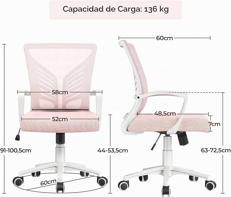 Yaheetch Conjunto de 2 Cadeiras de Escritório Função de Inclinação em Rede Rosa