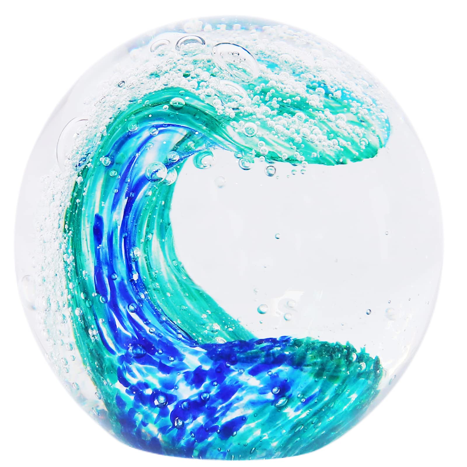 EUSTUMA Hand Blown Glass Figurines Ball Ocean Waves,Paperweight Glass Ball,Home Decor Collectible,Aquarium Decor,Office Decor Ocean Lovers