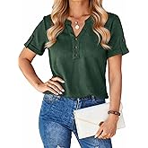 Women's Summer Short Sleeve Button Waffle T Shirt Classic Fit V Neck Tops for Office Work