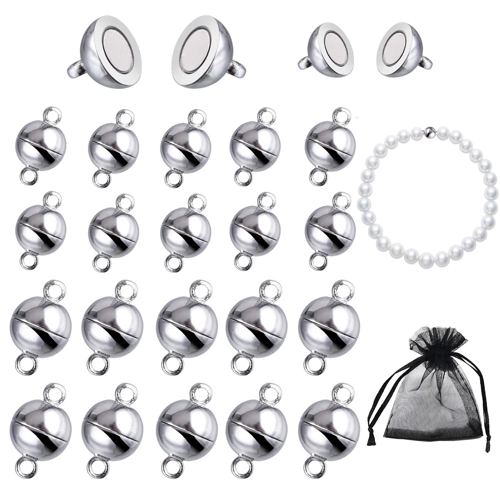 Magnetic Clasps for Necklaces, 20 Pieces 0.24 in/6mm 0.32 in/8mm Smooth Surface Round Silver Copper Magnetic Necklace Clasps Converter for Bracelet DIY Craft Making