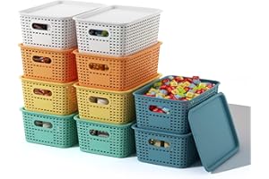 ORGIDOL Plastic Storage Basket with Lids 10 Pack Stackable Colorful Storage Bins Containers with Lid, Decorative Storage Boxes for Organizing Shelves, Drawers, Playroom, Classroom, Office, Closet