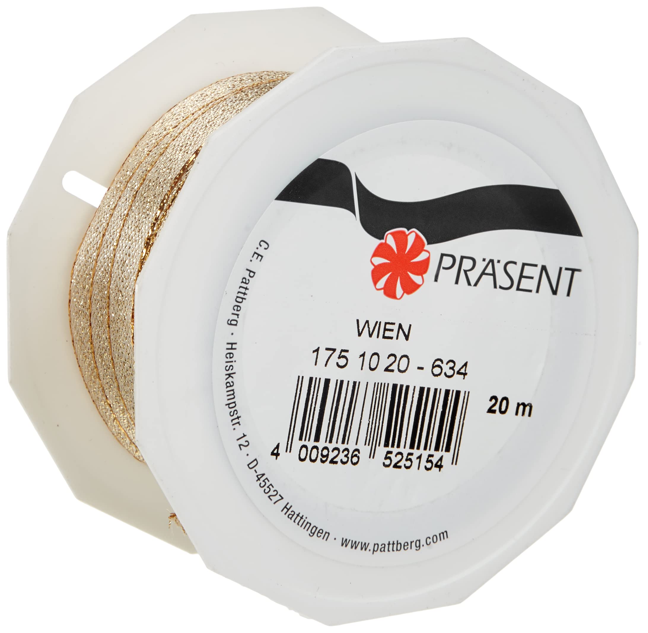 PRÄSENT C.E. Pattberg Wien Gold, 22 Yards of Metallic Mesh Gift Wrapping, 0.39 inches Width, Accessories for Decoration & Handicrafts, Ribbon for Presents, for Every Occasion, 10mm-20m