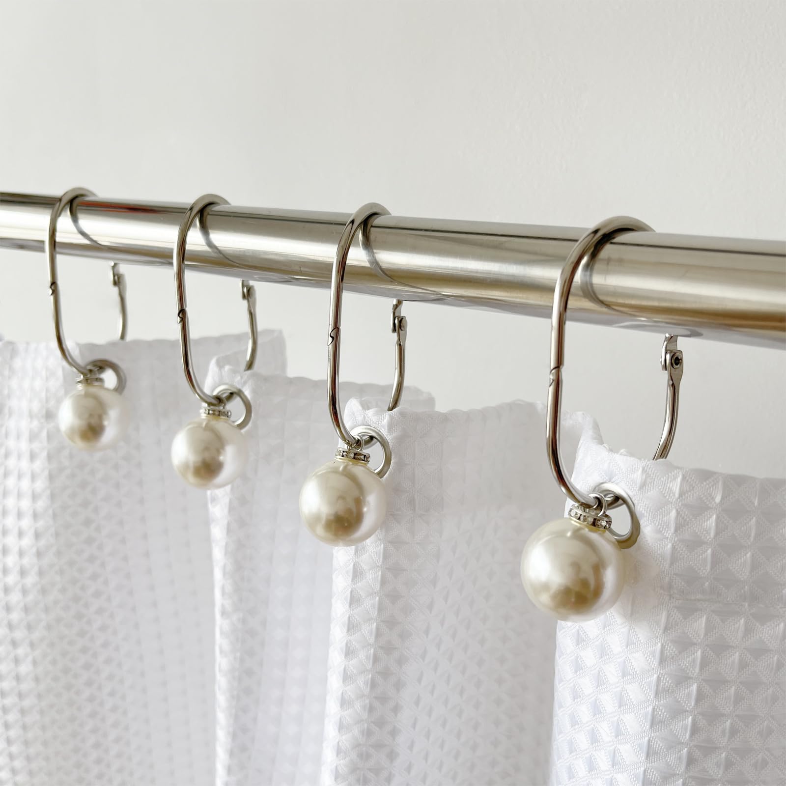 View 1 of ***12 COUNT VERIFIED***Elegant Pearl Shower Curtain Hooks 12Pcs, Ivory Artifical Pearl and Rustproof Shower Curtain Rings for Bathroom, Metal Decorative Shower Curtain Hangers***12 COUNT VERIFIED***