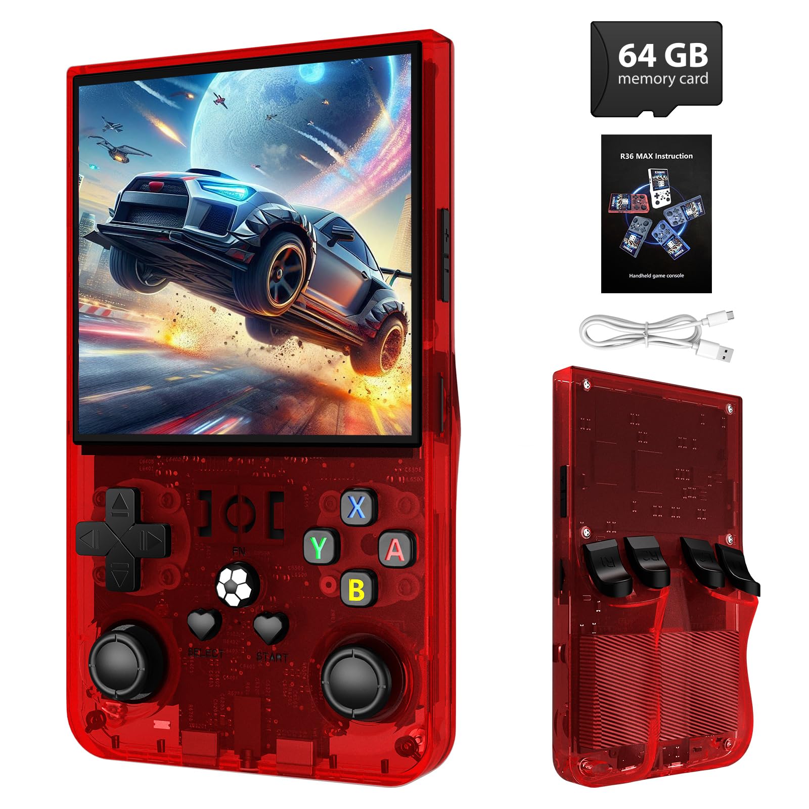Photo 1 of **CRACKED SCREEN** R36MAX Retro Handheld Game Console - 64GB Preloaded Classic Video Games, Support 30+ Simulators, Linux-Powered Portable Game Emulator Console with 4.0-in HD IPS Screen (Transparent Red)