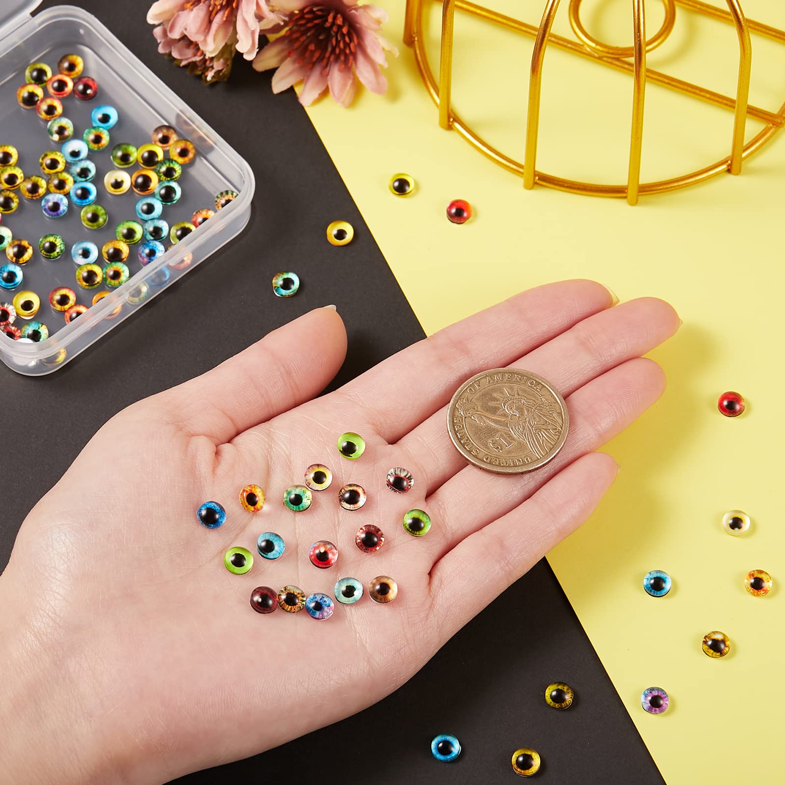 Ornaland 100 Pcs 6mm Glass Eyes Cabochons Mixed Style Flatback Dome Cabochons Cat Eyes Doll Eye Cameo Pendants for Jewelry Making