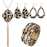 4-Piece Leopard Jewelry Set for Women - Multilayer Wrap Leather Bracelet, Teardrop Dangle Drop Earrings, Long Tassel Pendant Necklace