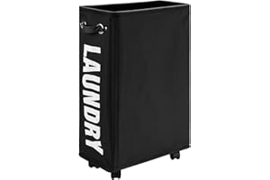 DOKEHOM 25-Inches Slim Laundry Basket on Wheels, Collapsible Rolling Laundry Hamper, Foldable Narrow Corner Clothes Storage Bins (Black)