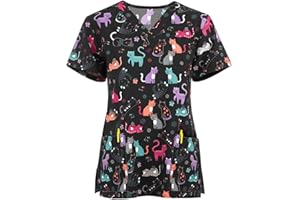 PETYCZEN Women's Scrub Tops Summer Cute Animals Print Short Sleeve V Neck T Shirts Stretchy Nursing Uniform Tops with Pockets