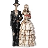 LemonRoad Day-of-the-Dead Couple Skeleton Figurines, Black Suit | Halloween Wedding Cake Topper, Skeleton Bride and Groom Figurine, Dia De Los Muertos Decorations, Gothic Resin Statues