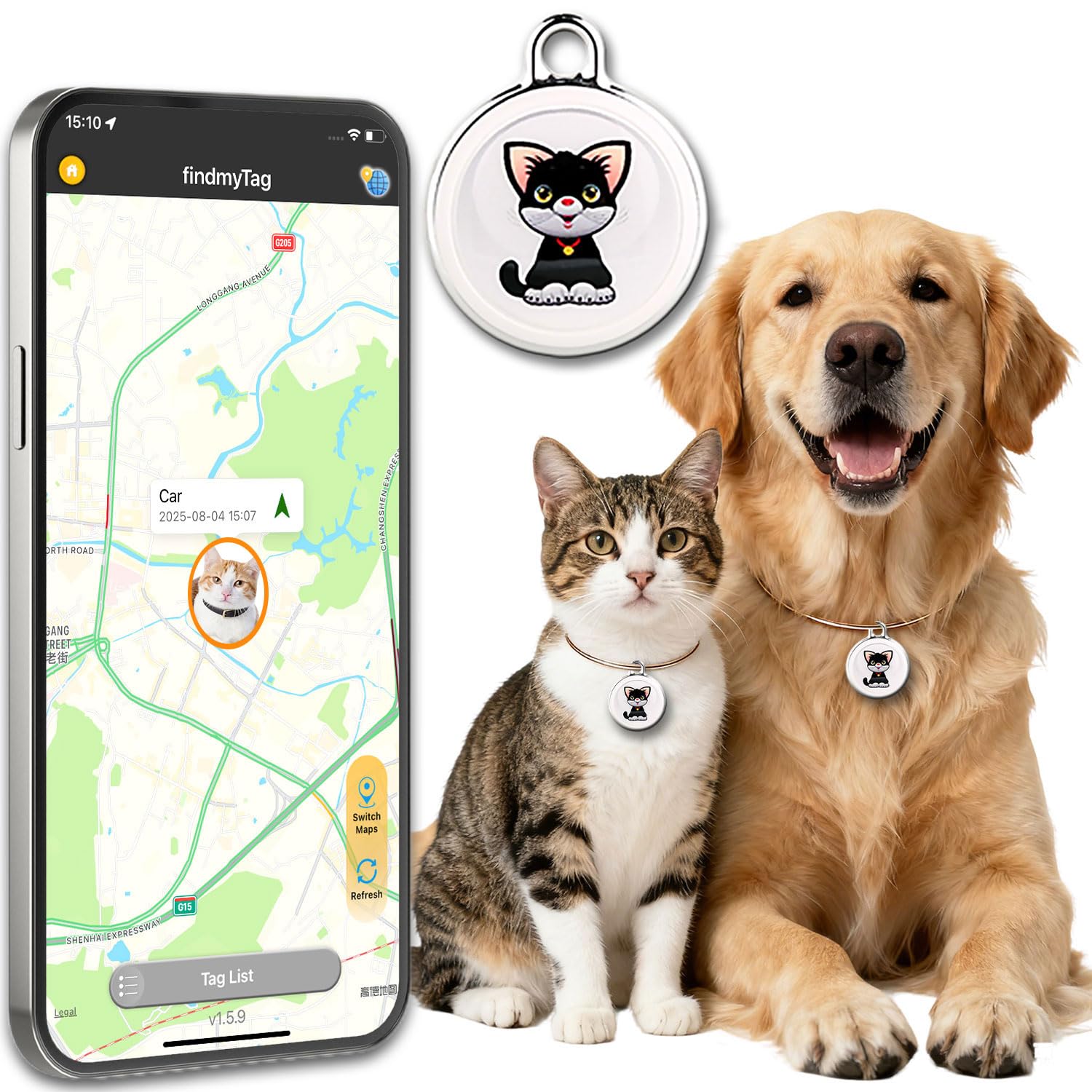 gps tracker for dogs & cats, no monthly fee, no sim card, real-time