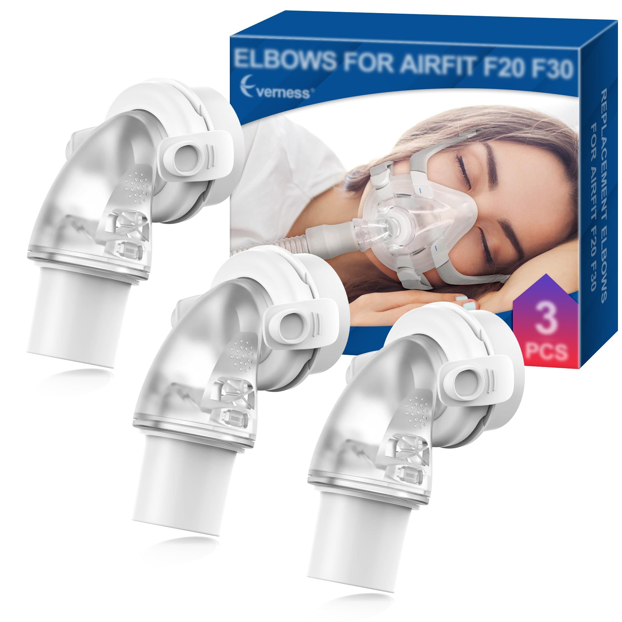 Photo 1 of 3 Packs F20 F30 Elbow Connector Compatible with ResMed Airfit F20, F30 & Airtouch F20, Replacement Elbow with Triple 360° Swivel & Quick-Release Technology, Snug-Fit & Leak-Free for F20 Mask CPAP User