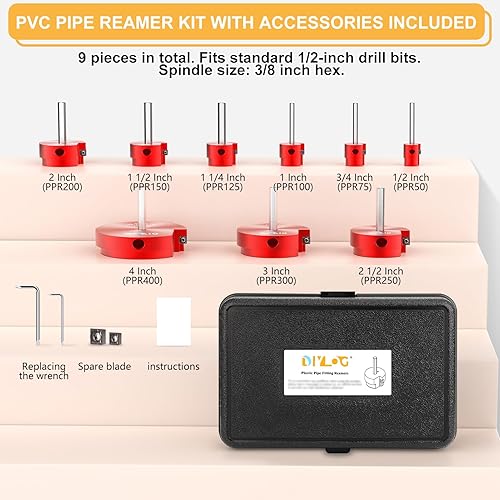 9 PCS PVC Pipe Reamer Kit, Fitting Saver Contains 1/2",3/4'', 1'',1-1