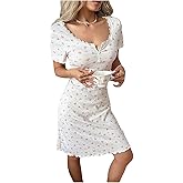 Floerns Women's Lace Heart Print Nightgown Scoop Neck Short Sleeve Sleep Dress Loungewear