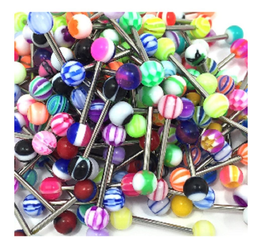 PiercedOff Multipack of 10 Straight Barbells with Acrylic Balls - Thickness 14GA (1.6mm) / Length 16mm / Ball Size 6mm - No Repeats