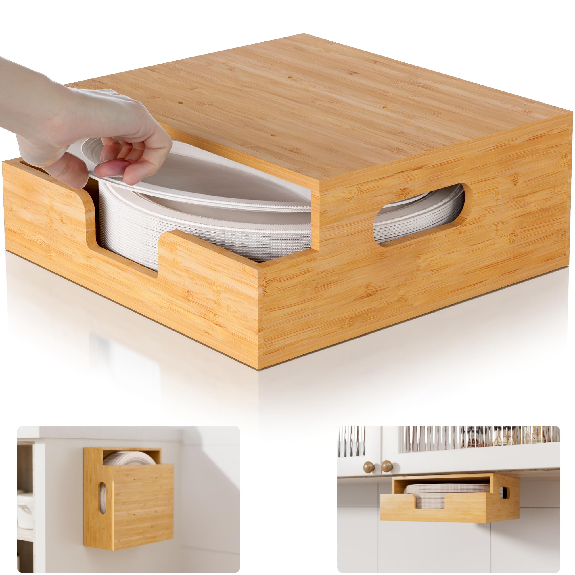 Photo 1 of YIKIBOX 8-10 Inch Paper Plate Dispenser,Wall Mounted Paper Plate Holder,Paper Plate Dispenser Under Cabinet,Paper Plate Organizer for Kitchen Counters and RVs(Bamboo)