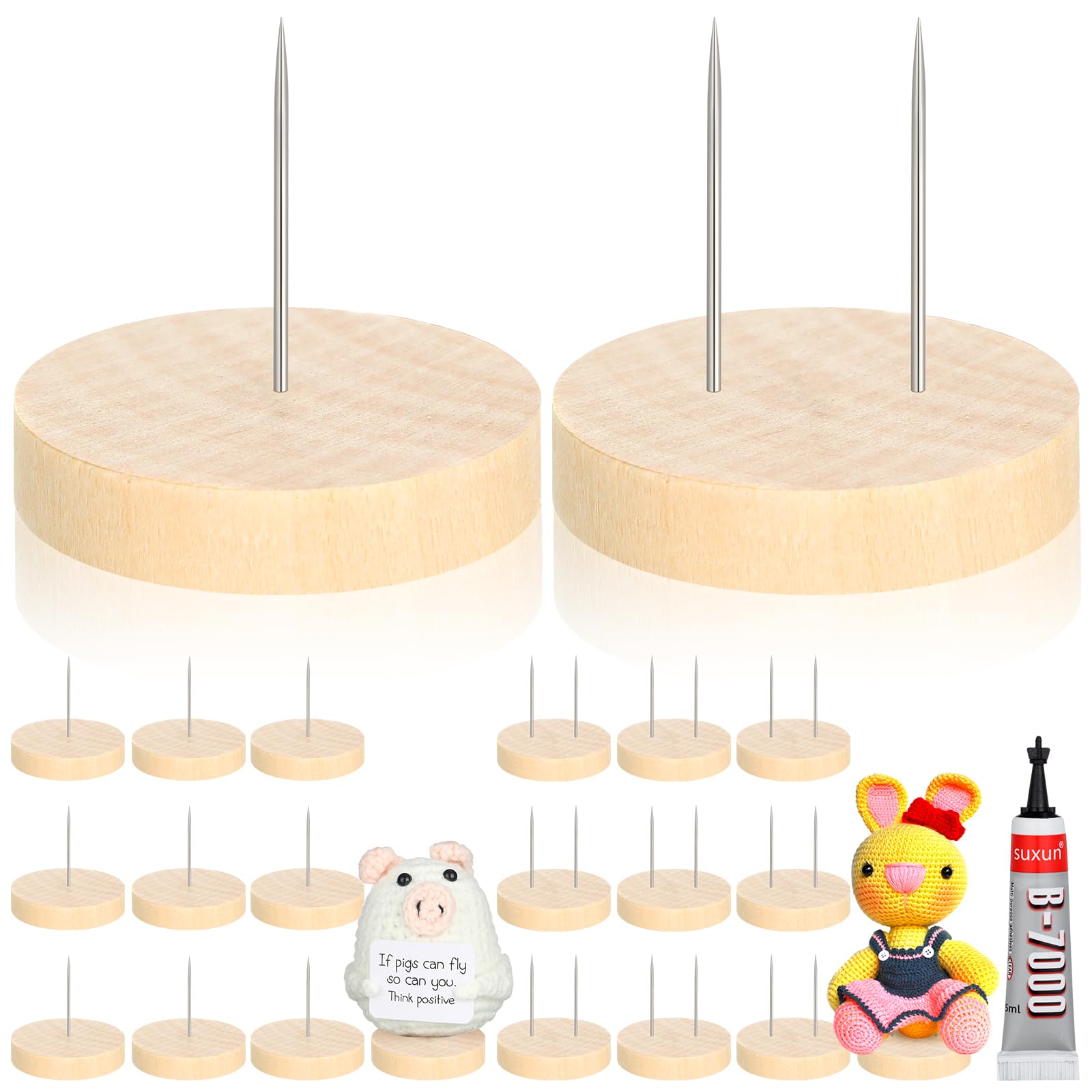 Photo 1 of Threehoney 24 Pcs Crochet Doll Stand Wooden Knitted Display Single Double Steel Needle Doll Holder Felting Animal Toy Wooden Base Support Action Figure Stand(1.38 Inch)