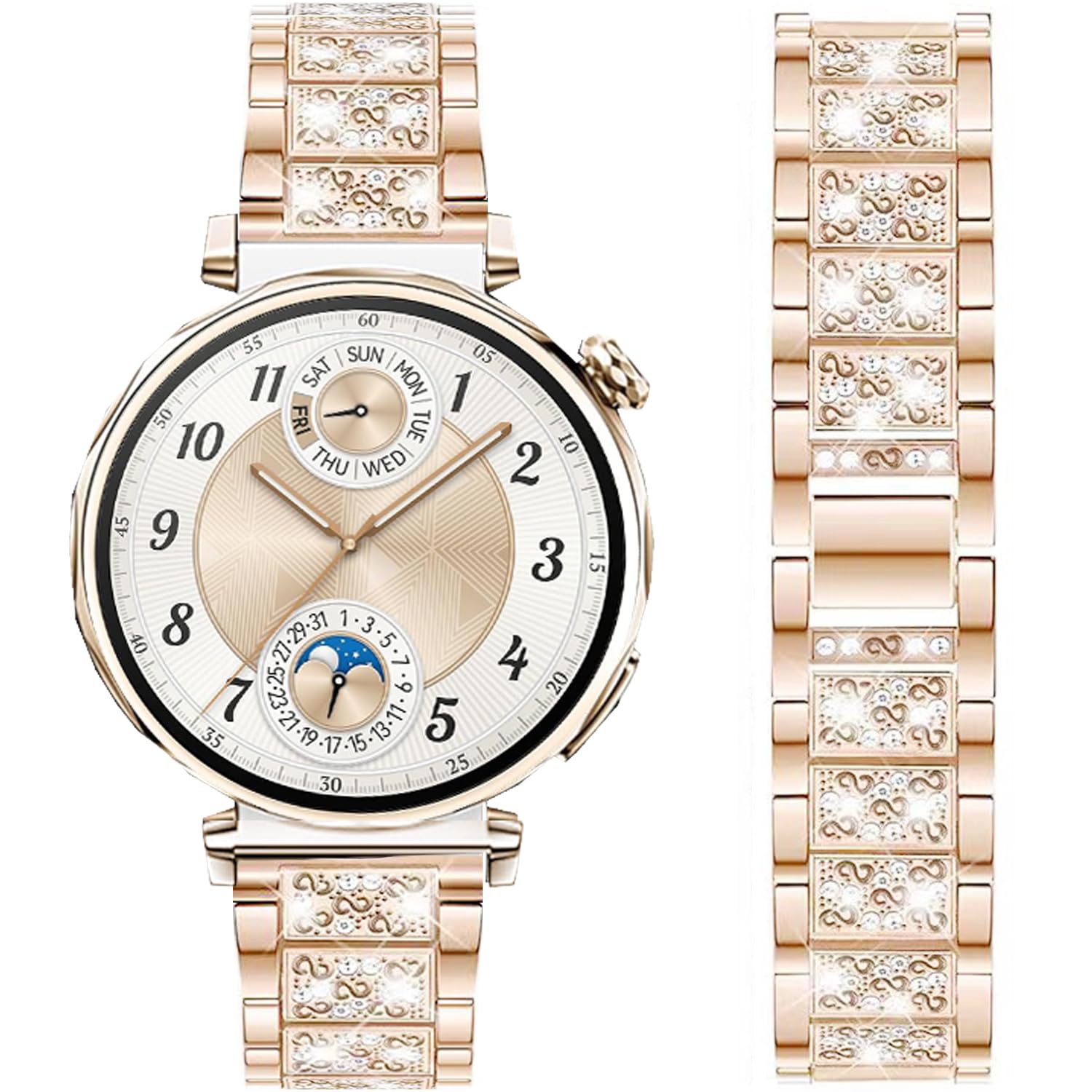 DEALELE Strap Compatible with Huawei Watch GT6 / GT5 / GT4 41mm / GT5 Pro 42mm / Fossil Women's Gen 6 / Gen 5E 42mm / Garmin Venu 3S, 18mm Bling Rhinestone Diamond Metal Bracelet for Women, Rose gold