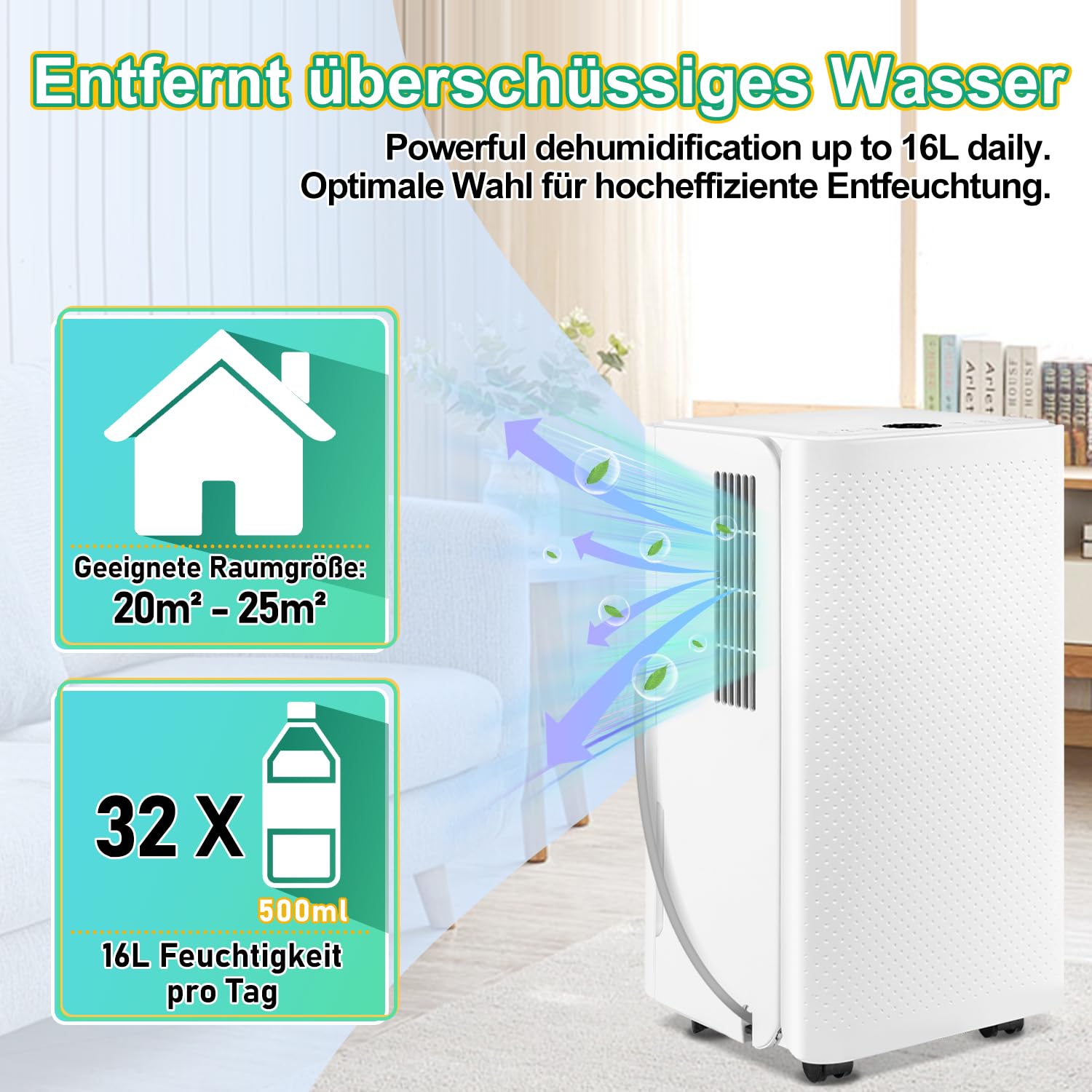 EINFEBEN Luftentfeuchter 16L/24h Entfeuchtungsleistung - für Raumgröße ca. 160m³ (~60 m²)- mit 4 Betriebsarten, Farbtemperatur-Tipps, Ablaufschlauch, Timerbetrieb, Abtaufunktion