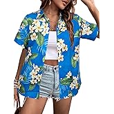 Summer Button Up Hawaiian Shirt: Women Hawaii Shirts Soft Cool Floral Tropic Print Short Sleeve V Neck T-Shirt