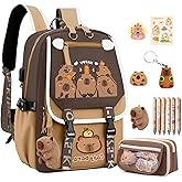 SJIE Waterproof Capybara Backpack，Large-capacity Kawaii capybara bag with 11-Piece Accessories (Badges, Pendants, Plush capybara, Stickers and others)