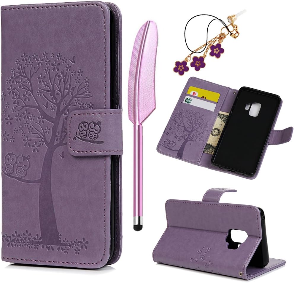 MOLLYCOOCLE Galaxy S9 Case, Vintage Premium PU Leather Wallet Case Owl Tree Embossed Pattern TPU Inner Wrist Strap Credit Card Holders Flip Folio Shockproof Stand Cover for Samsung Galaxy S9, Purple