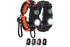 NESAYVER Survival Bracelets, Paracord Bracelets (2 pcs) with Loud Whistle Light Flint, Adjustable Compass Bracelet for Outdoor Camping Hiking Fishing Hunting, Multitools Tactical Gear, Bearable 300 lb