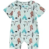 Gueuusu Country Baby Clothes Boy Girl Western Cow Print Short Sleeve Romper Bodysuit Ribbed One Piece Jumpsuit Summer Outfit