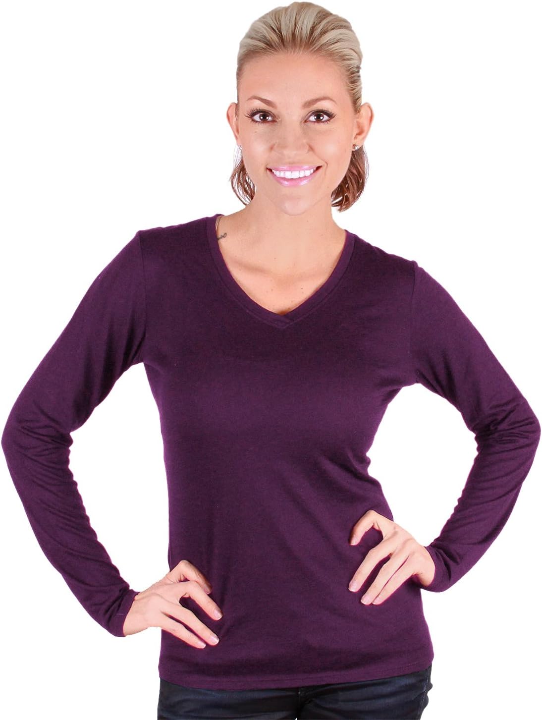 Women's Long Sleeve V-Neck Merino Wool-Purple, Large