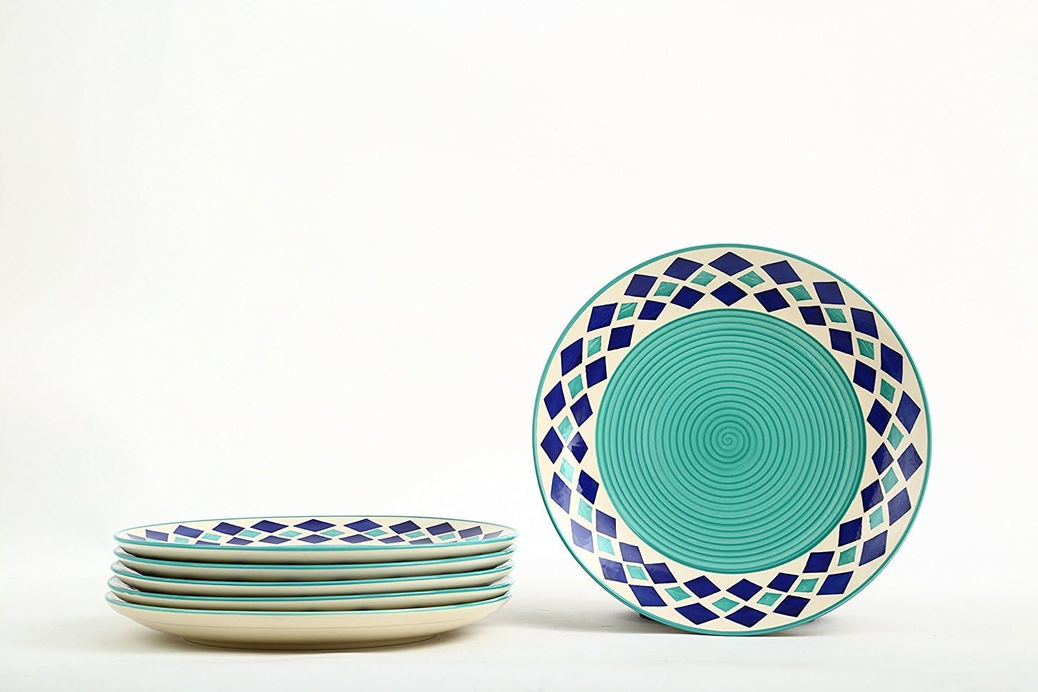 Stonish Dinner Plate with Blue Diamond Pattern Handmade Pottery (Sea Green, 8-inches) - Set of 6 Pieces