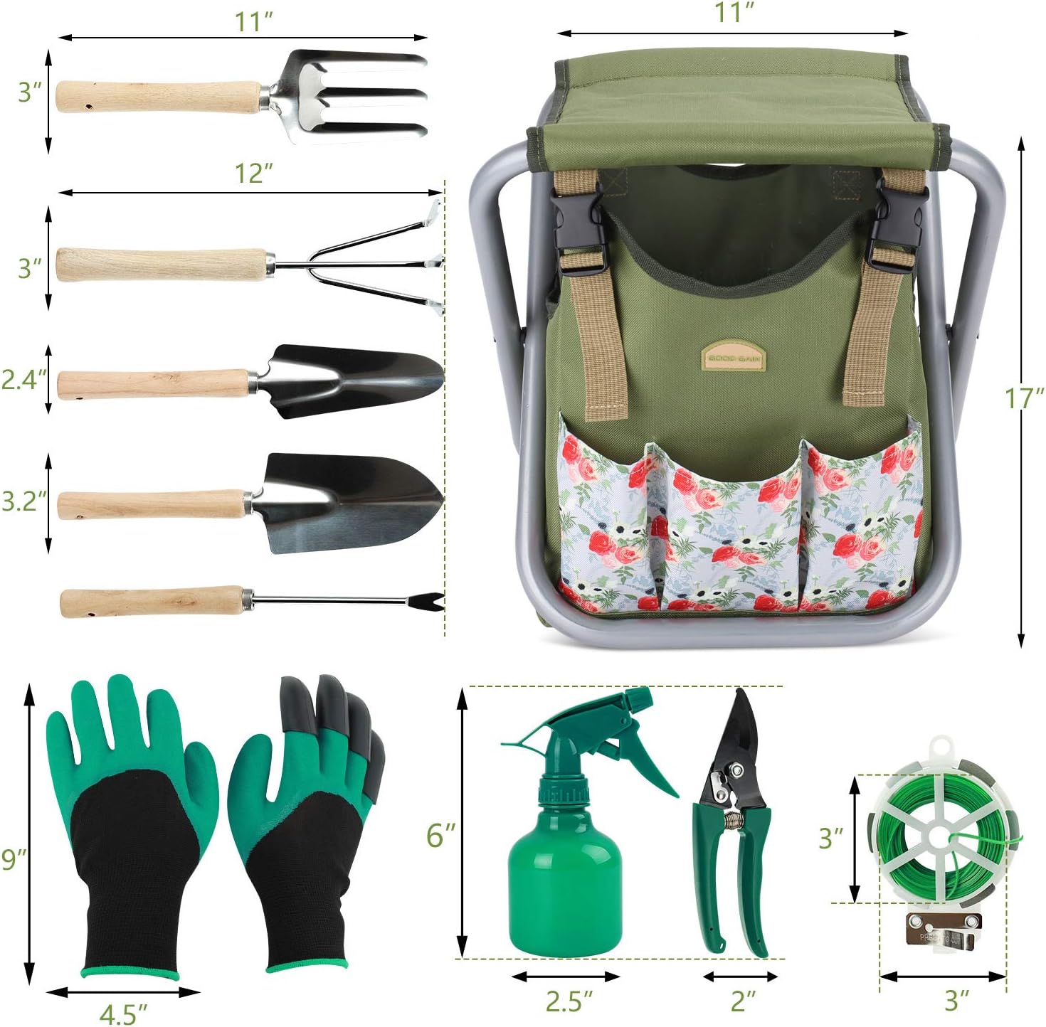 Good GAIN Garden Tools Stool, 12 pcs Gardening Hand Tools Set with Folding Chair Seat and Garden Storage Tote Bag, Garden Tools Carrier, Digging, Gardening Gifts Set for Mom/Dad and Gardeners. Rose: Garden & Outdoor
