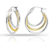 Hoops & Loops 925 Sterling Silver Triple Hoop Earrings for Women, Layered Stacked Trendy Round-Tube High Polished Hoops, Two-Tone 14K Gold, Rose Gold Flash Plated 20mm, 25mm, 30mm, 35mm