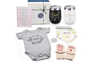 SUHCTUPTX Pregnancy Gifts for First Time Moms Dad, Mommy and Daddy Est 2024 Stainless Steel Wine Tumbler Set with Onesie Baby Socks Drool Bib Decision Coin - Top New Parents Gifts Idea for Gender Reveal