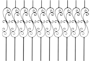 DEVALLEY Wrought Iron Balusters (Set of 10),S-Scroll Flower Hollow Stair Spindles,Decorative Metal Balusters Spindles for Decks,1/2 inch Stair Railing,Satin Black Metal Railing - D02…