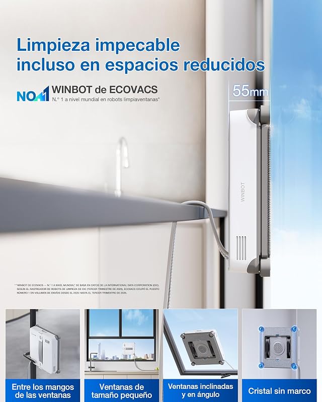 WINBOT Mini 2 Robot Limpiacristales, Cepillos Laterales para Esquinas y Pulverización Ultrasónica, Ultrafino para Ventanas Estrechas, Navegación Inteligente, 6 Modos App, Protección 10 Niveles
