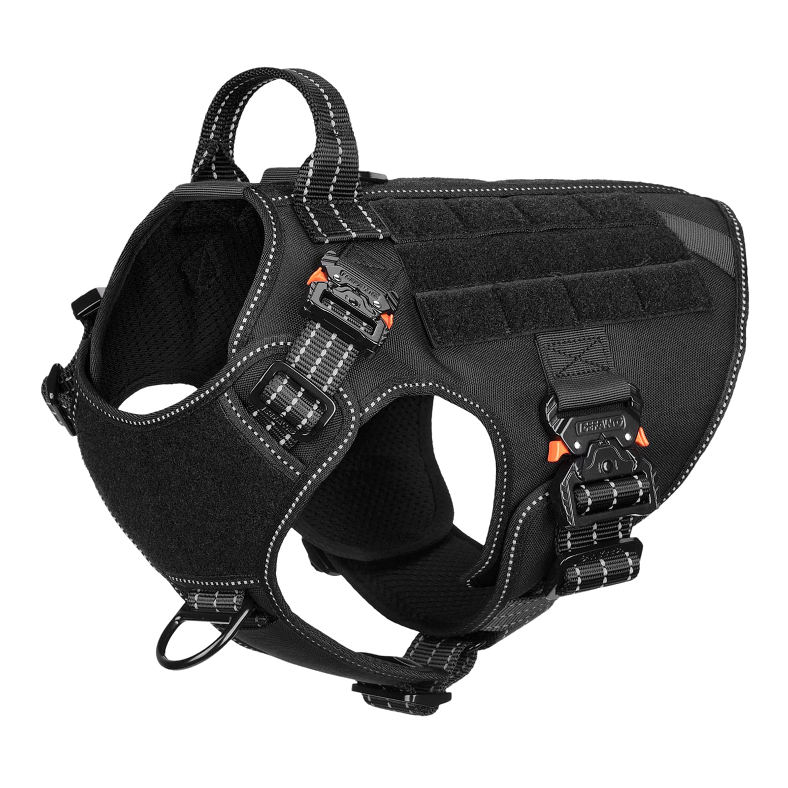 ICEFANG Tactical Dog Harness, Working Dog Vest,No Pulling Front Clip Leash Attachment,Hook and Loop Panel for ID Badge,Sturdy Handle (M (25"-30" Girth), Black-4x Metal Buckle)