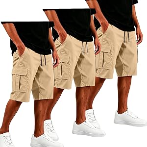GQN Mens Cargo Shorts 3-Pack Drawstring Multi Pocket Casual Utility Work Shorts Athletic Summer Apparel for Daily Wear