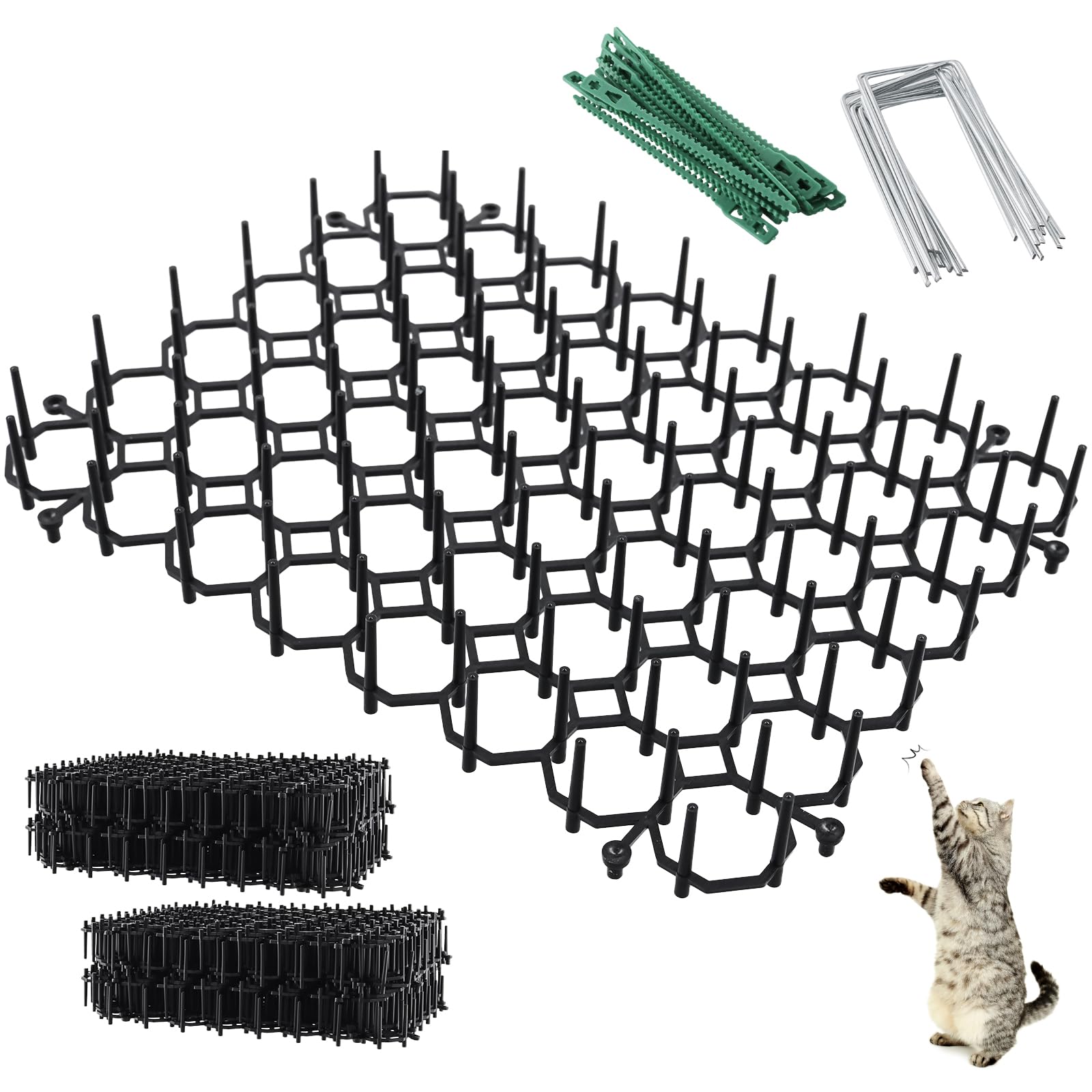 HEIHAK 24 PCS Cat Spikes Mat, 15 x 20 cm Plastic Anti Cat Spikes with 24 U Spikes and 40 Ties Cat Repellent Spikes for Indoor or Outdoor Garden Balcony